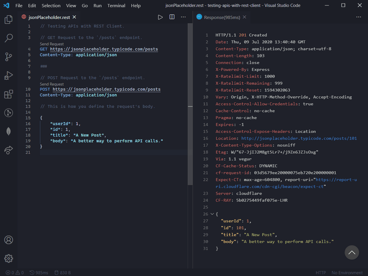 Response from the API when POST request is performed.