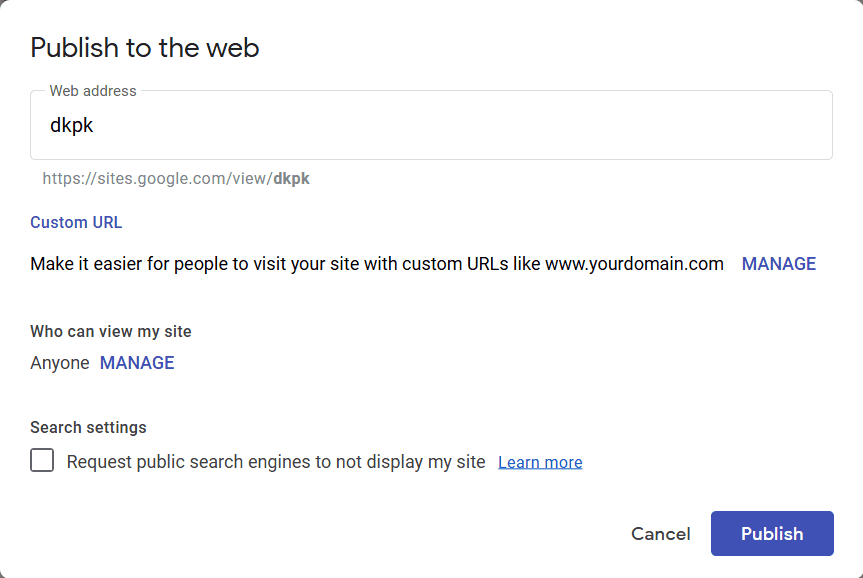 Publish configuration modal