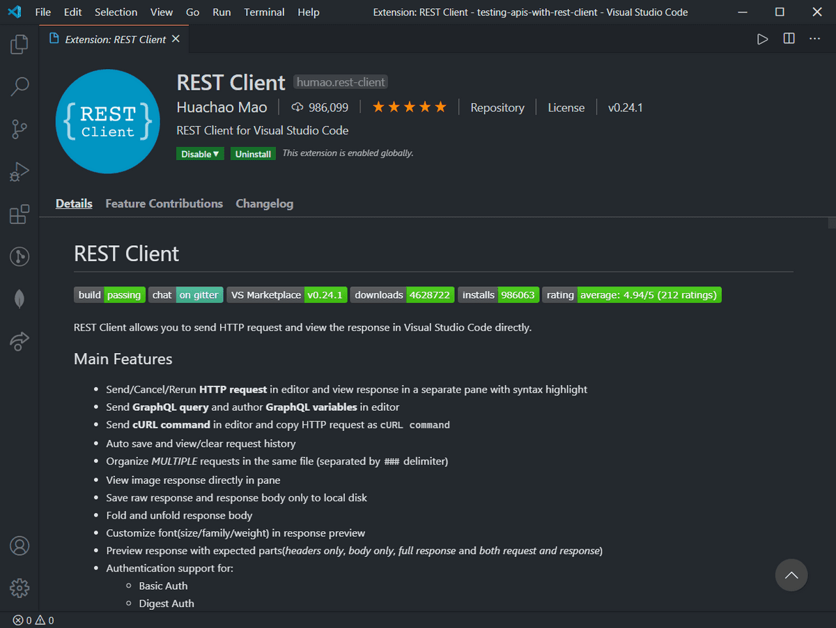 REST Client extension for Visual Studio Code